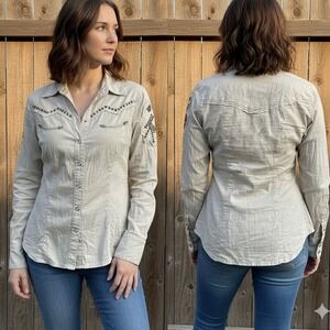 Guess Jeans Khaki Western Shirt Womens Small Lightweight Fitted Beaded Button Up